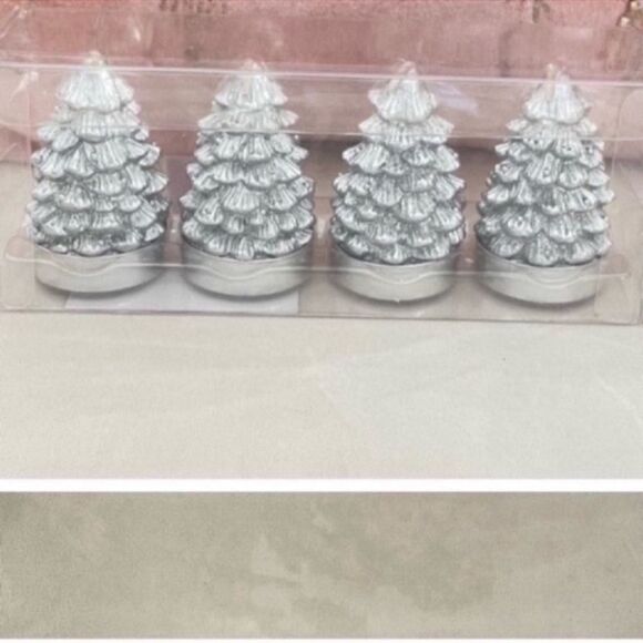 4 Silver Christmas Tree Tealight Candles 2.4 inc tall - Picture 2 of 8
